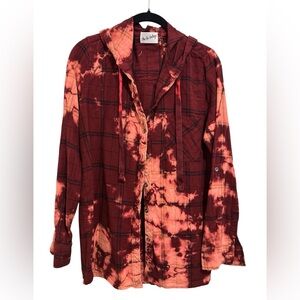 Tie-Dye Plaid Hooded Button-Up Shirt - Red & Peach. NWOT